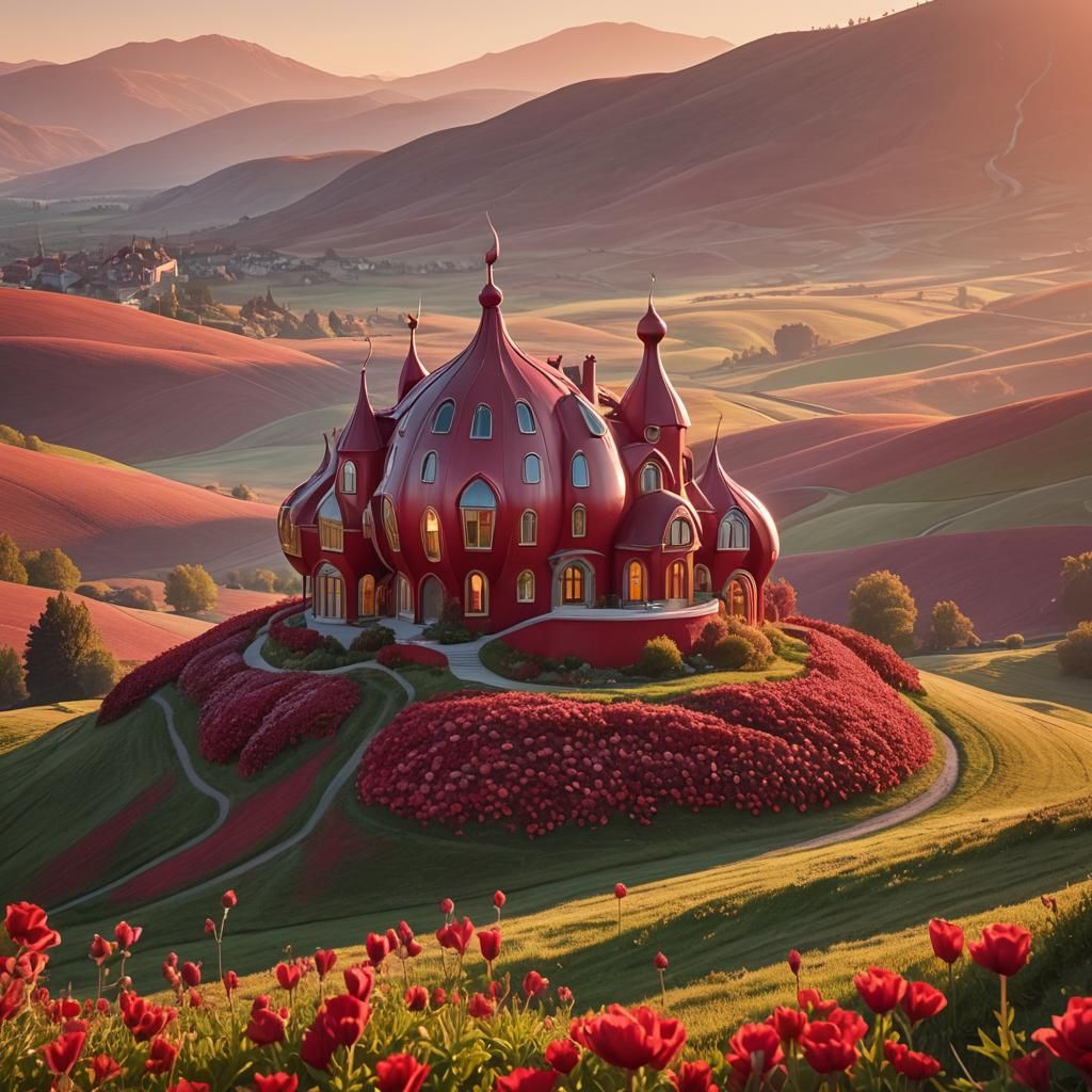 Surreal Flower Bulb House at Sunrise as Oil Painting