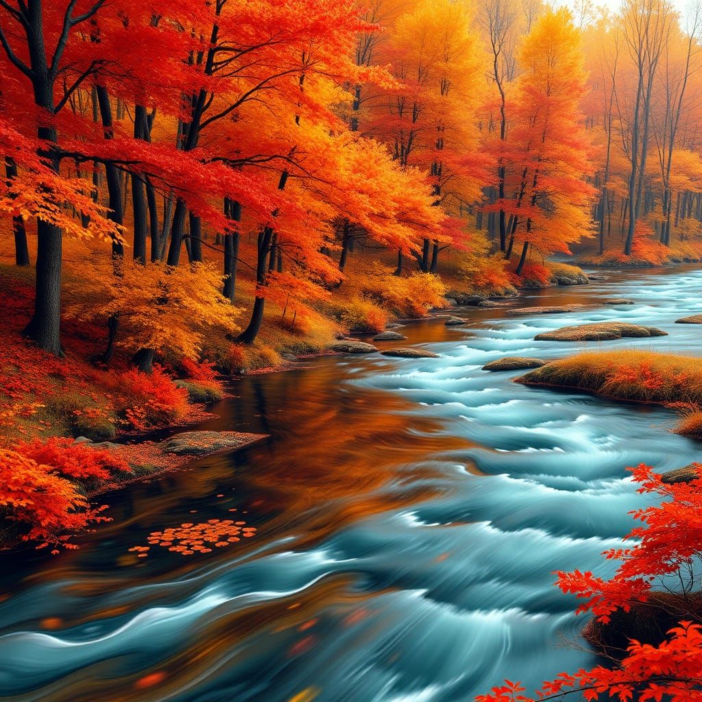 Vibrant Autumn Forest Reflections on Rushing River