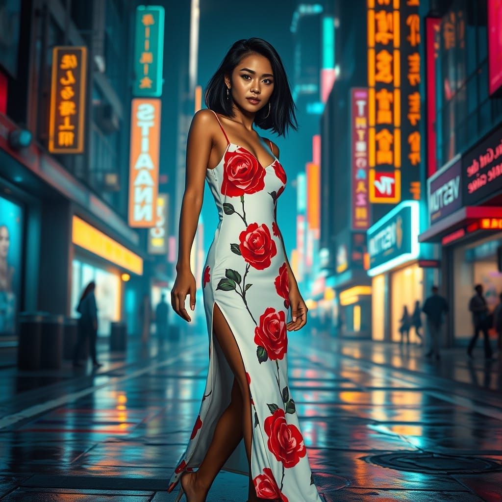 Indonesian Woman in Cyberpunk Cityscape at Night