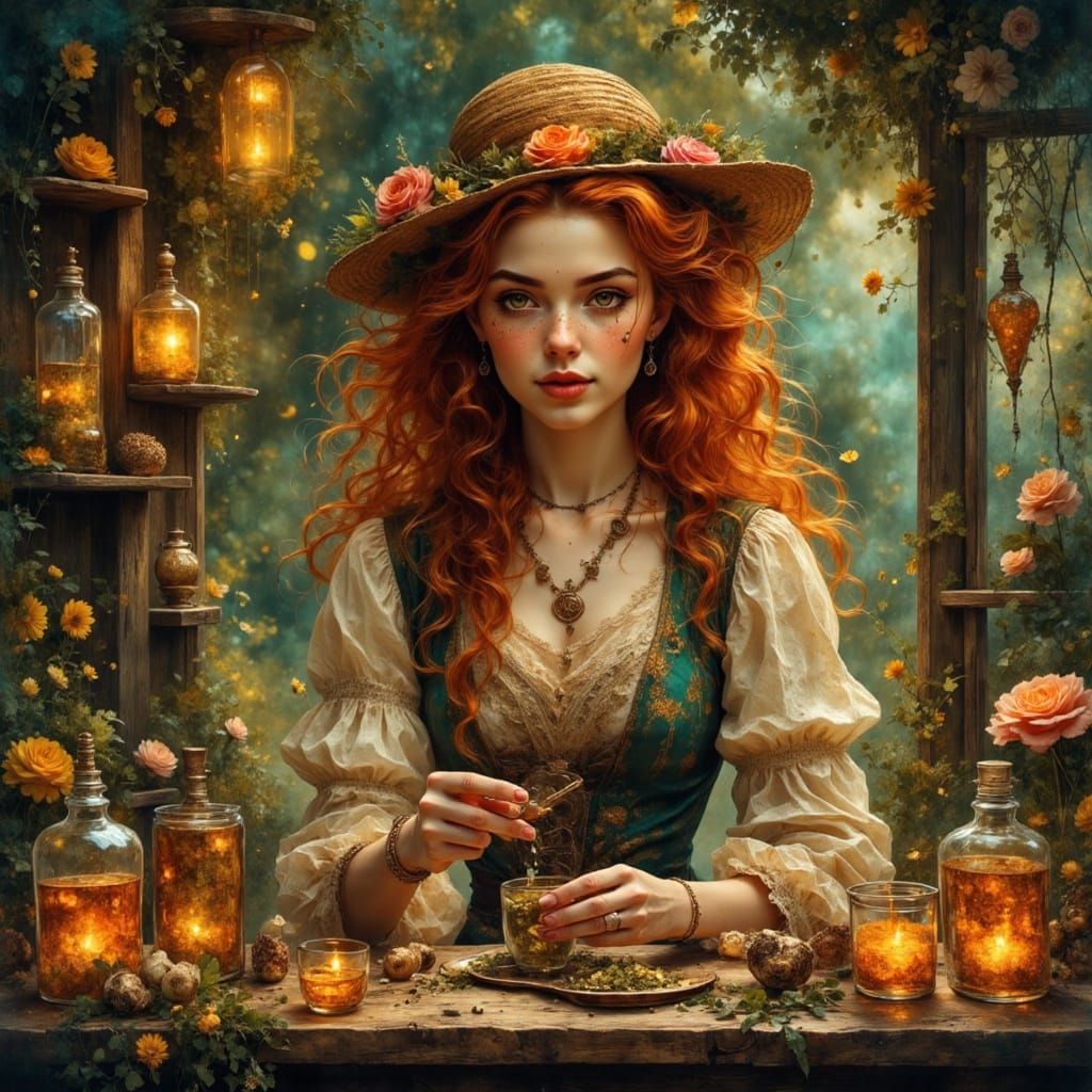 Herbalist Mixing Potions in Alphonse Mucha Style