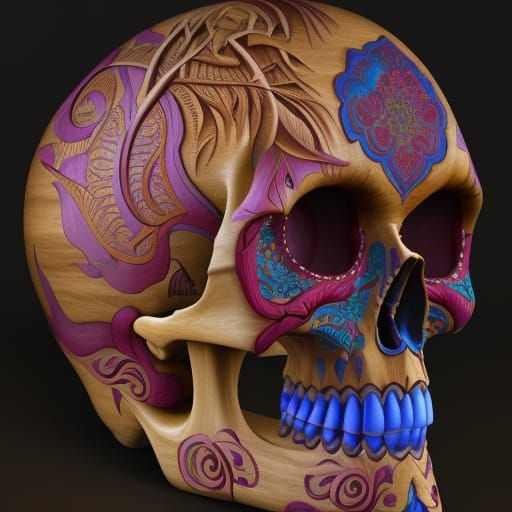 Mystical Design Carved Teak Wood Skull 3