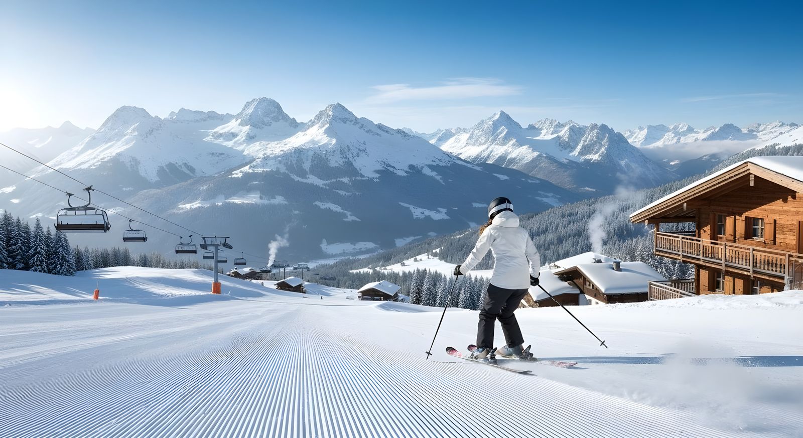Woman Skiing Downhill in Swiss Alps on Bluebird Day