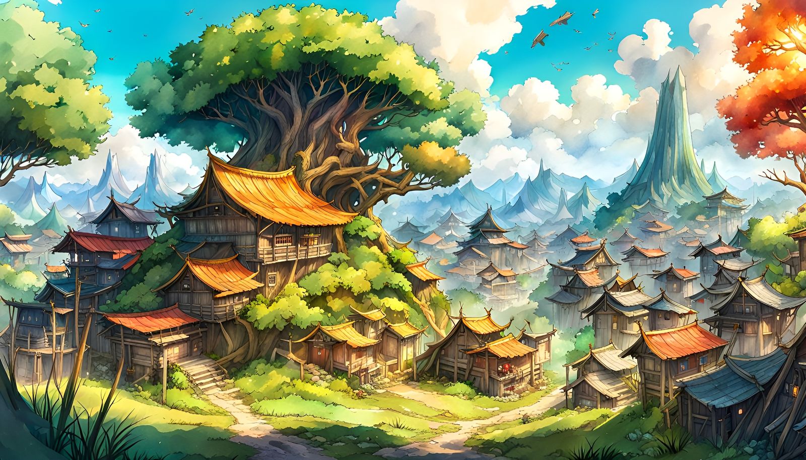 Sparkling Fairy Village: A Watercolor Anime Landscape
