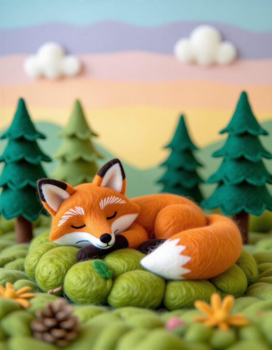 Felt Fox Asleep in Twilight Felt Forest