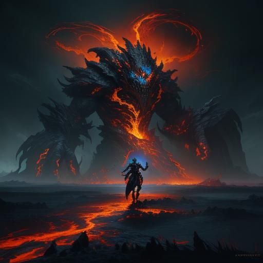 Nightmarish Creature Amidst Shattering Ground as Oil Paintin...