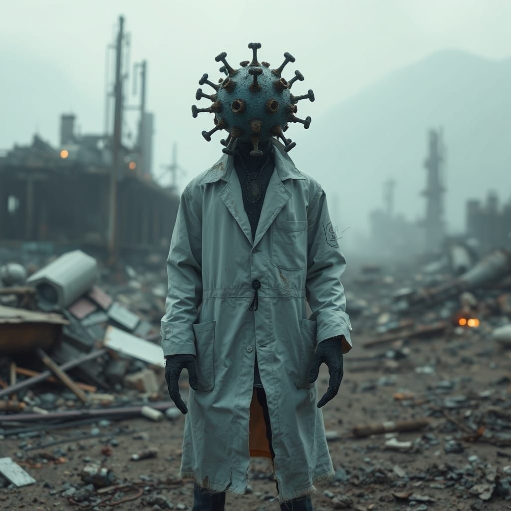 Humanoid Coronavirus Entity in Ruins: Photorealistic Art