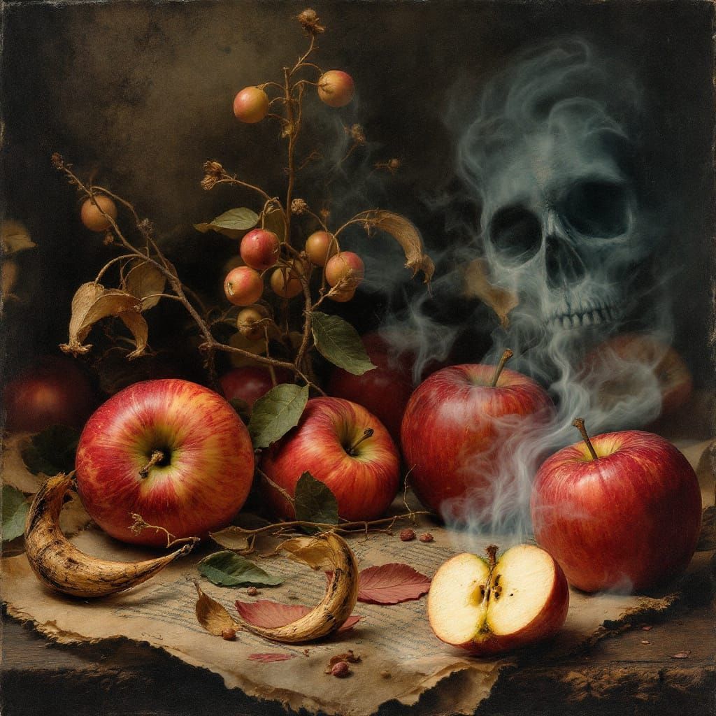 Surreal Double Exposure with Apples in Classic Art Style