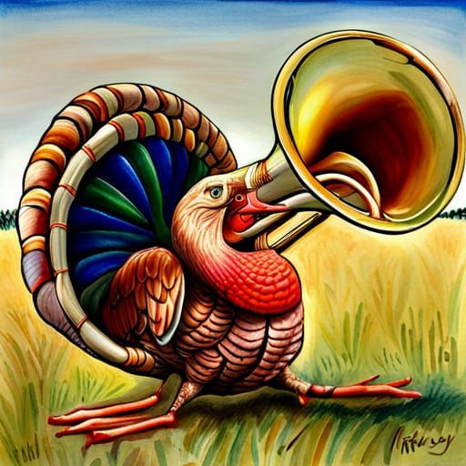 Turkey Plays French Horn in Colored Pencil Style