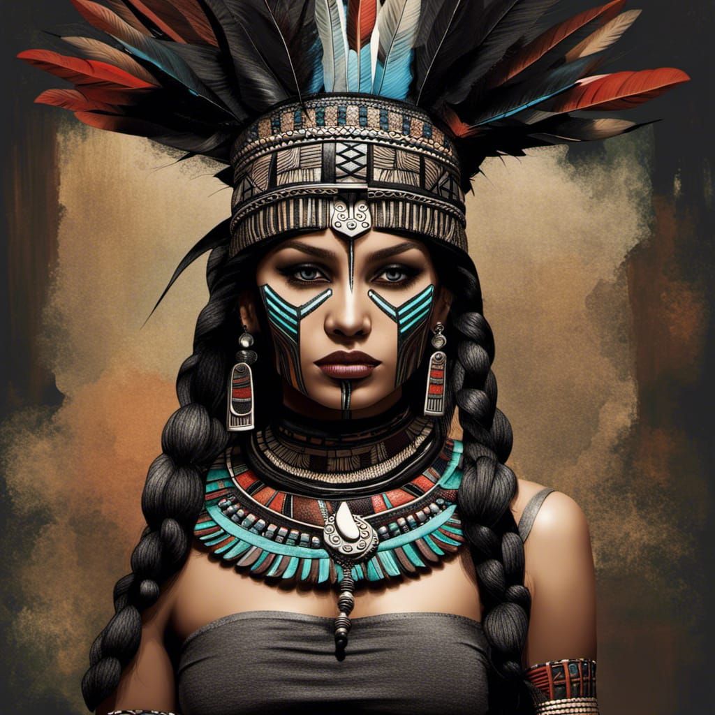 beautiful fierce Aztec woman  , black