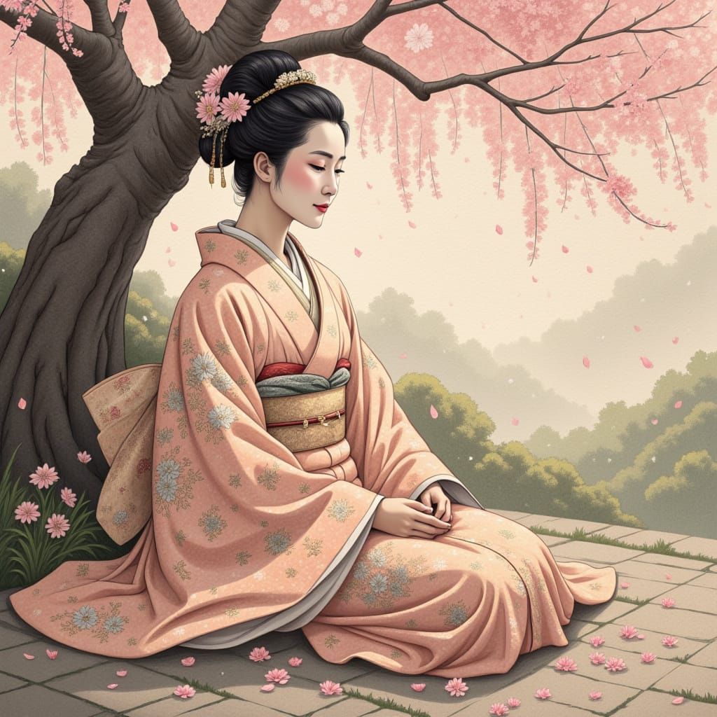Serene Japanese Empress Under Sakura Tree