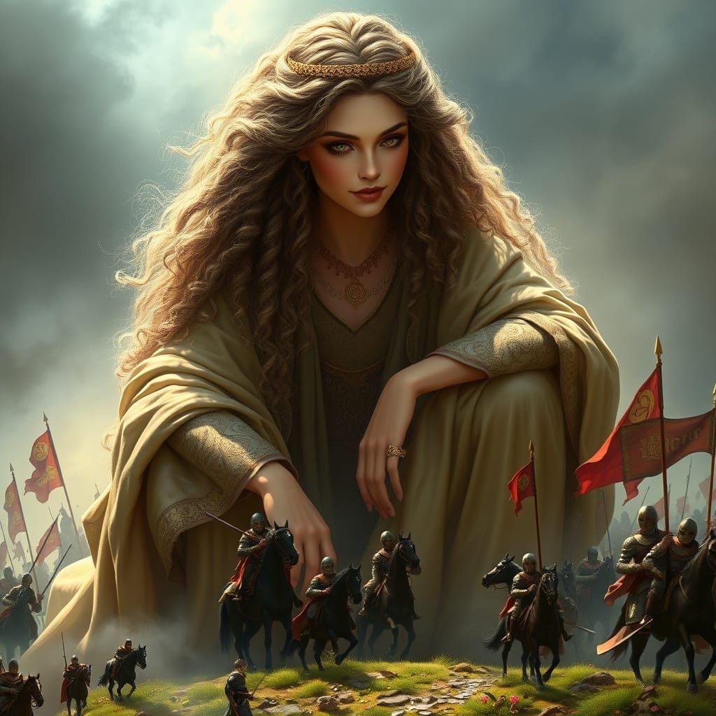 Fantasy Giantess Observes Miniature Human War