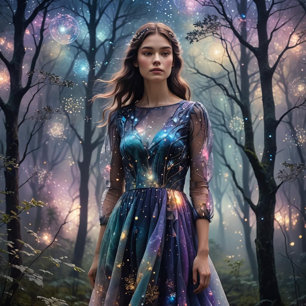 Starry Night Dress in Celestial Forest: Digital Painting