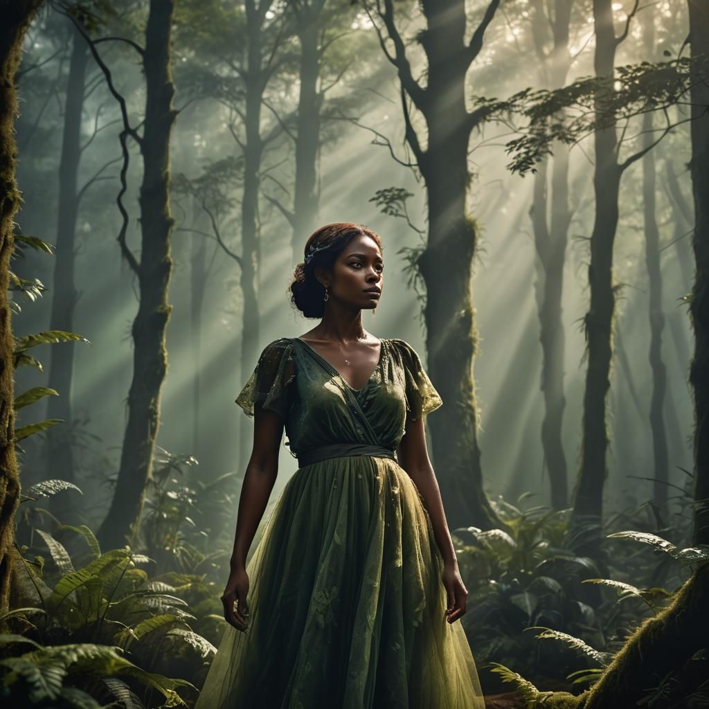 Mysterious Lady in Misty Forest, Hyperrealistic Photo