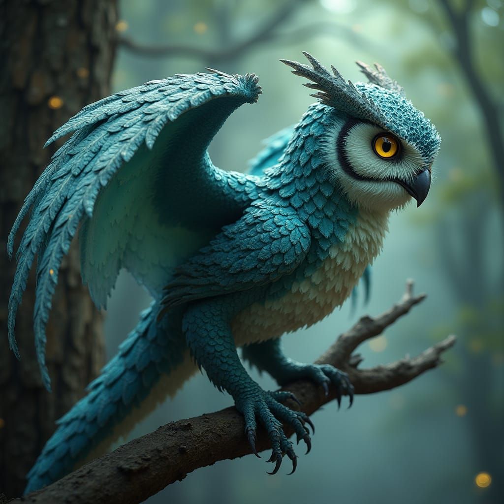 Iridescent Dragon Owl Perched on Branch