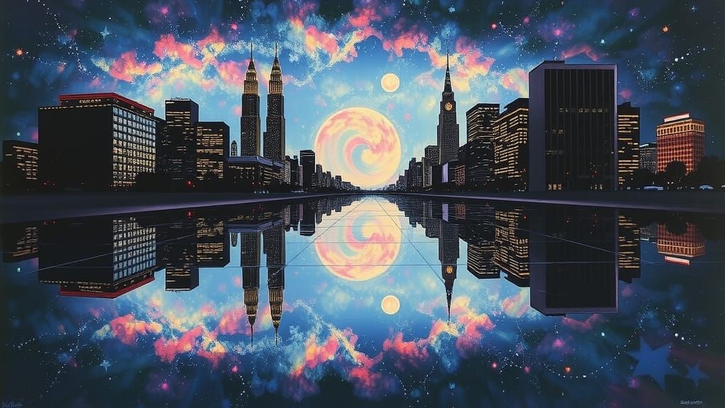 Cosmic Cityscape Reflections in Fantasy Style