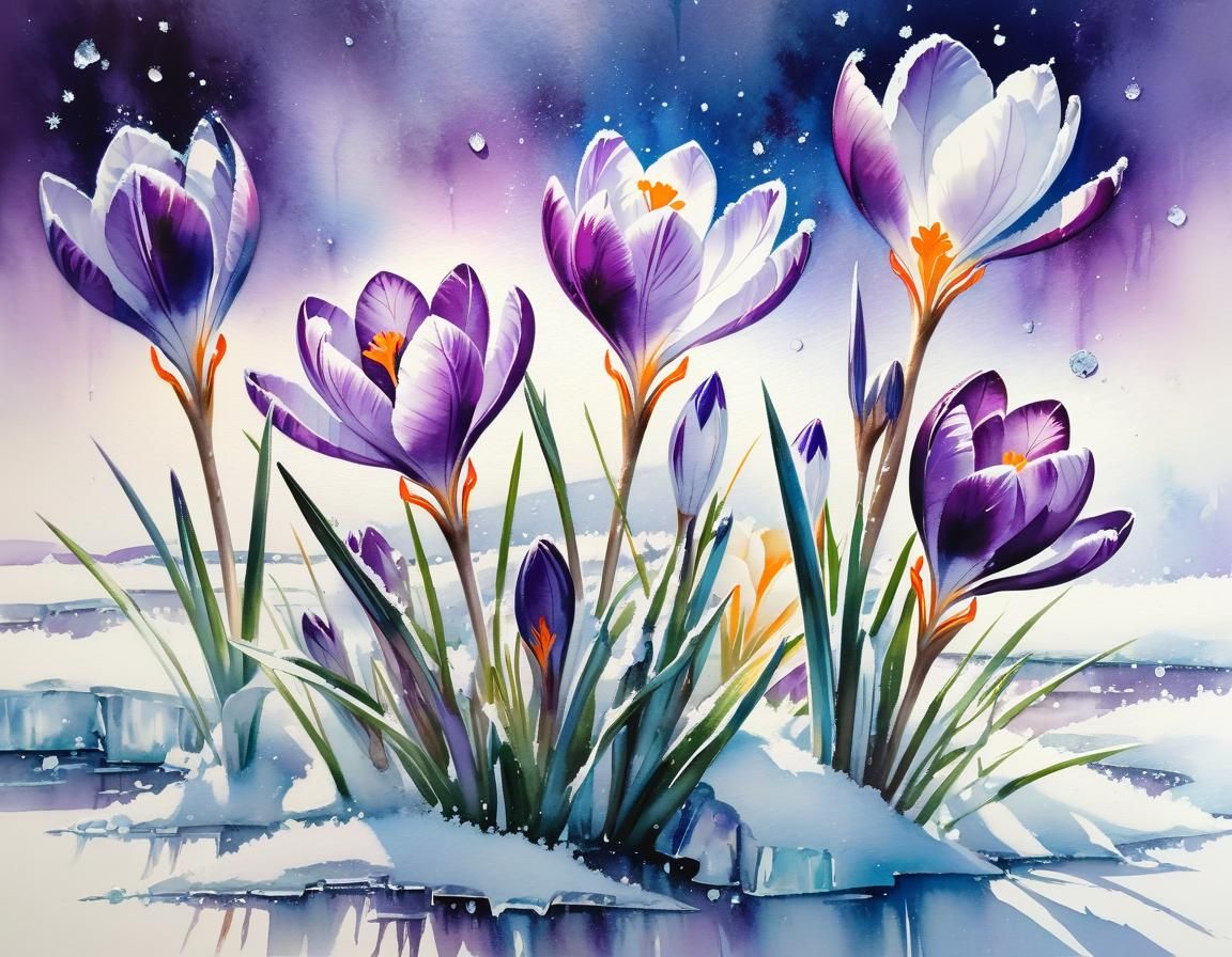 Ethereal Snow-Kissed Crocus Blooms in Dreamy Jean Haines-Ins...