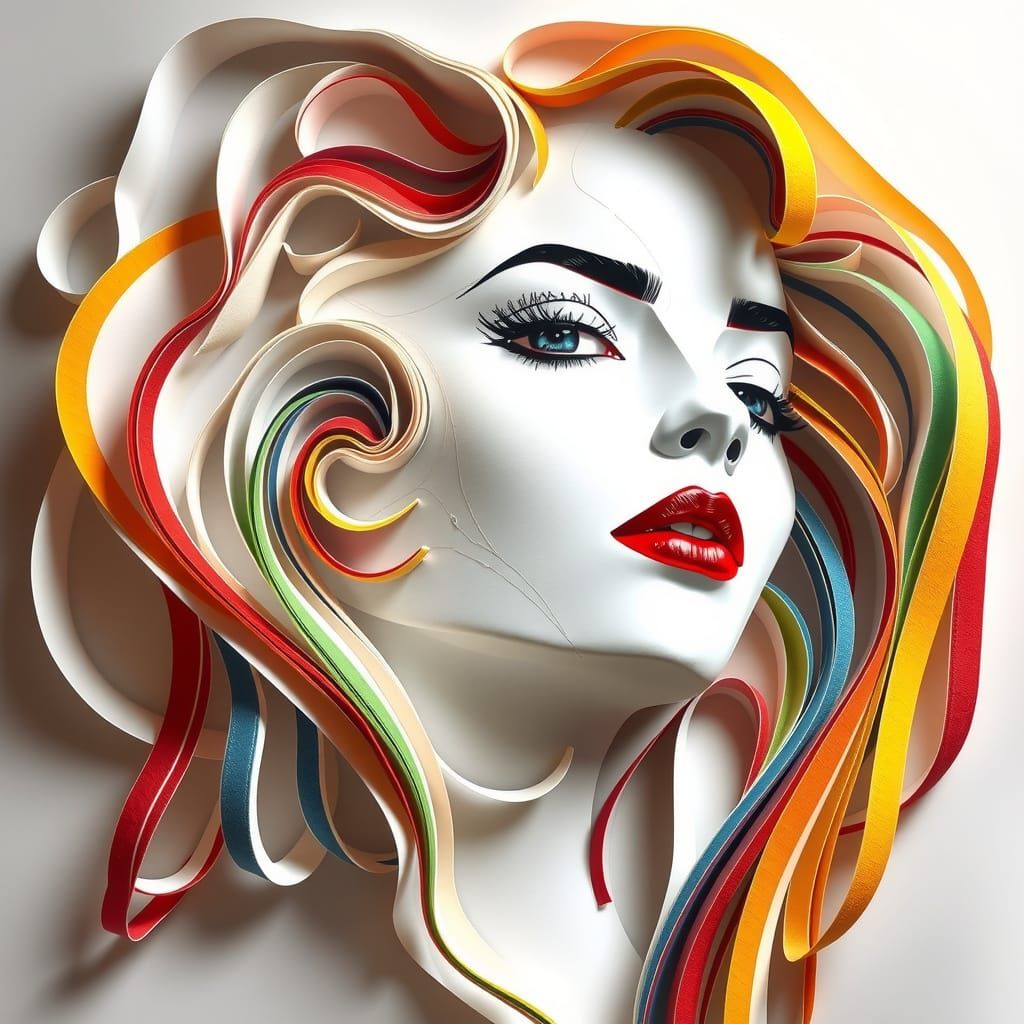 Embossed Rainbow Paper Spirals Around a Woman