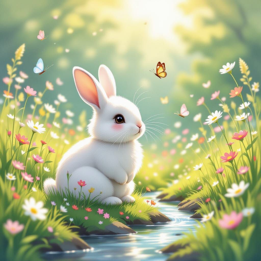 Fluffy White Bunny in Sun-Dappled Meadow with Butterflies