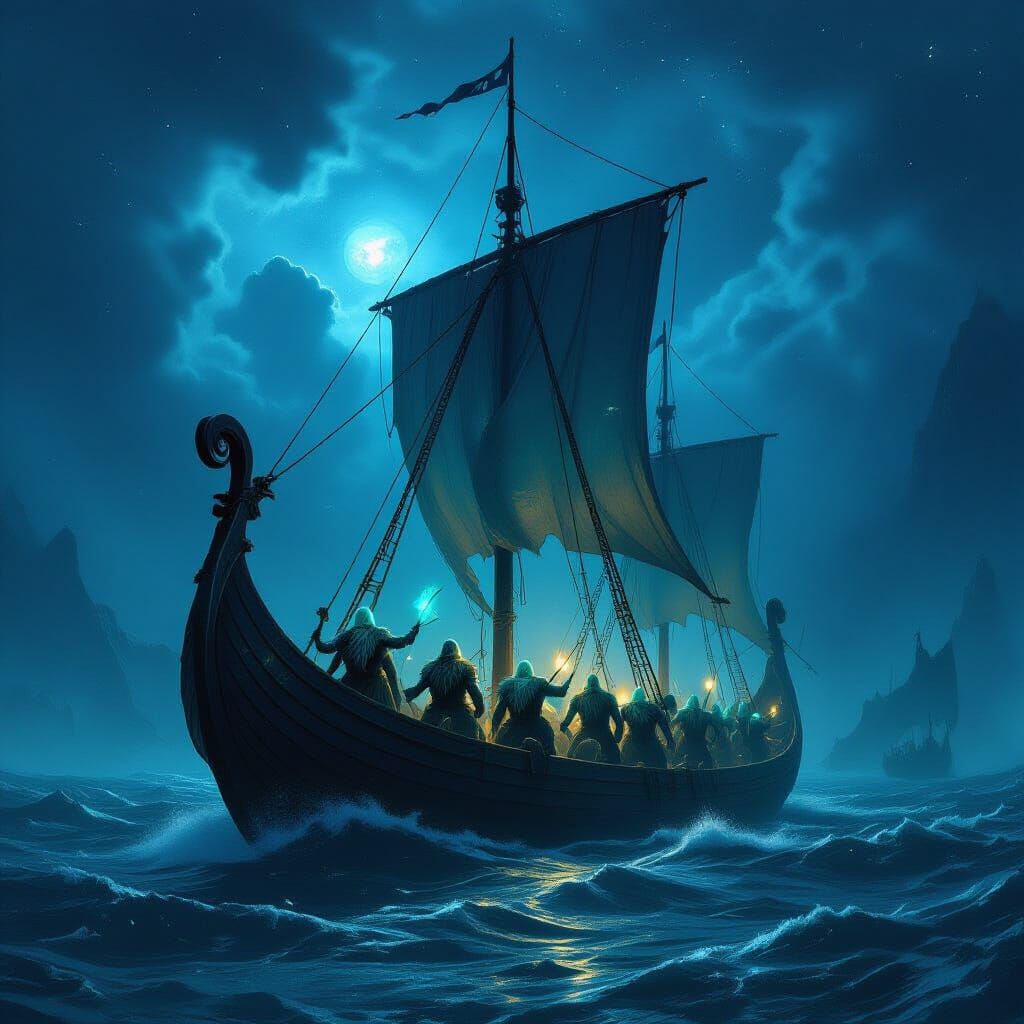 Ethereal Draugr Vikings Sail a Stormy Bioluminescent Sea