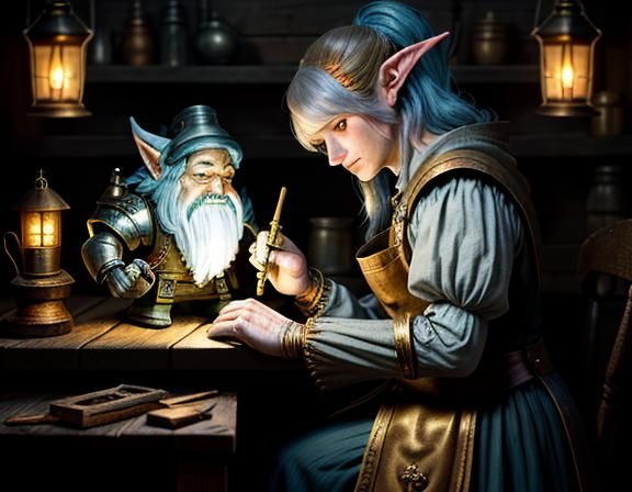 Gnome Repairs Automaton in Dark Fantasy Illustration