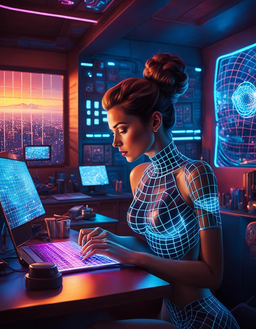 Cybernetic Woman Coding in Neon Grid Network