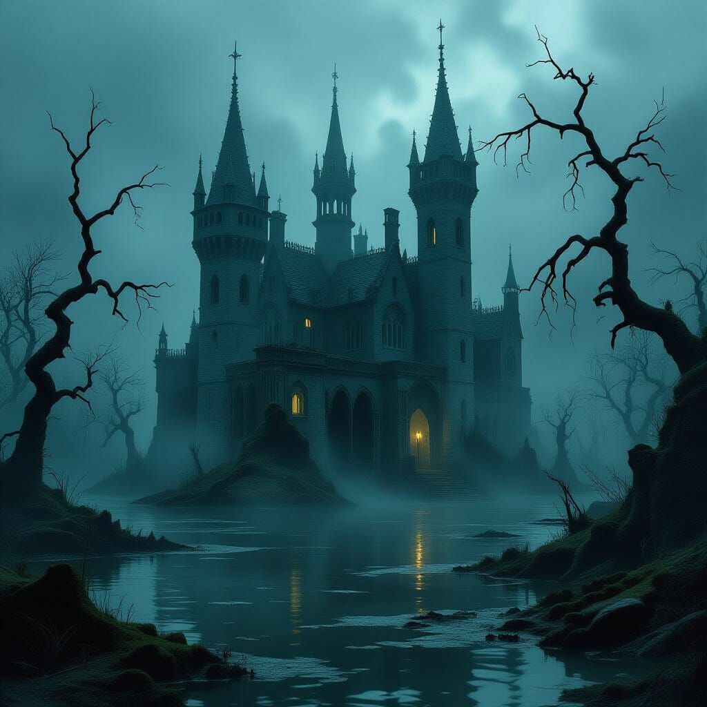 Gothic Castle in Misty Swamp Illuminated by Eerie Wisps