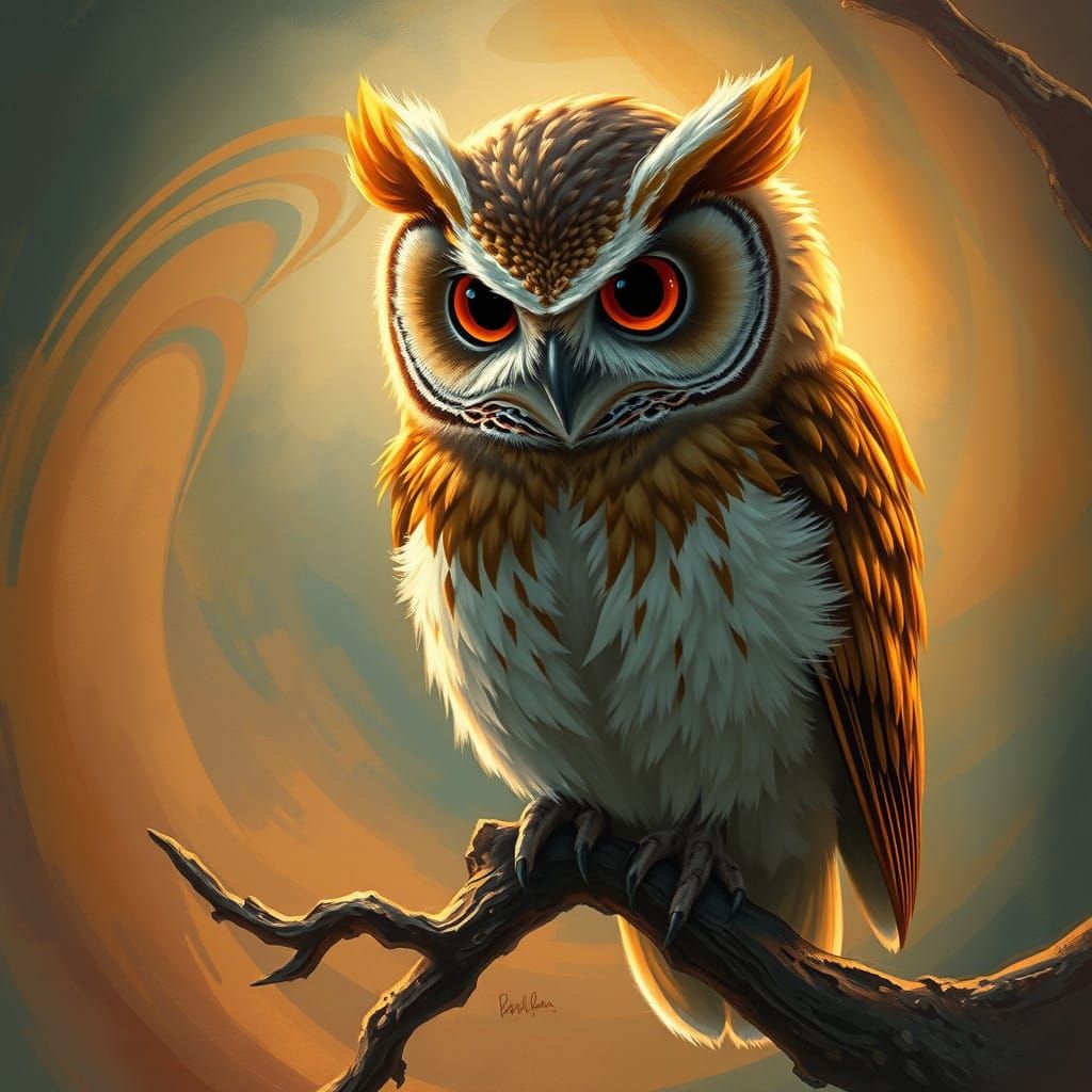 Fantasy Owl Perched on a Gnarled Branch
