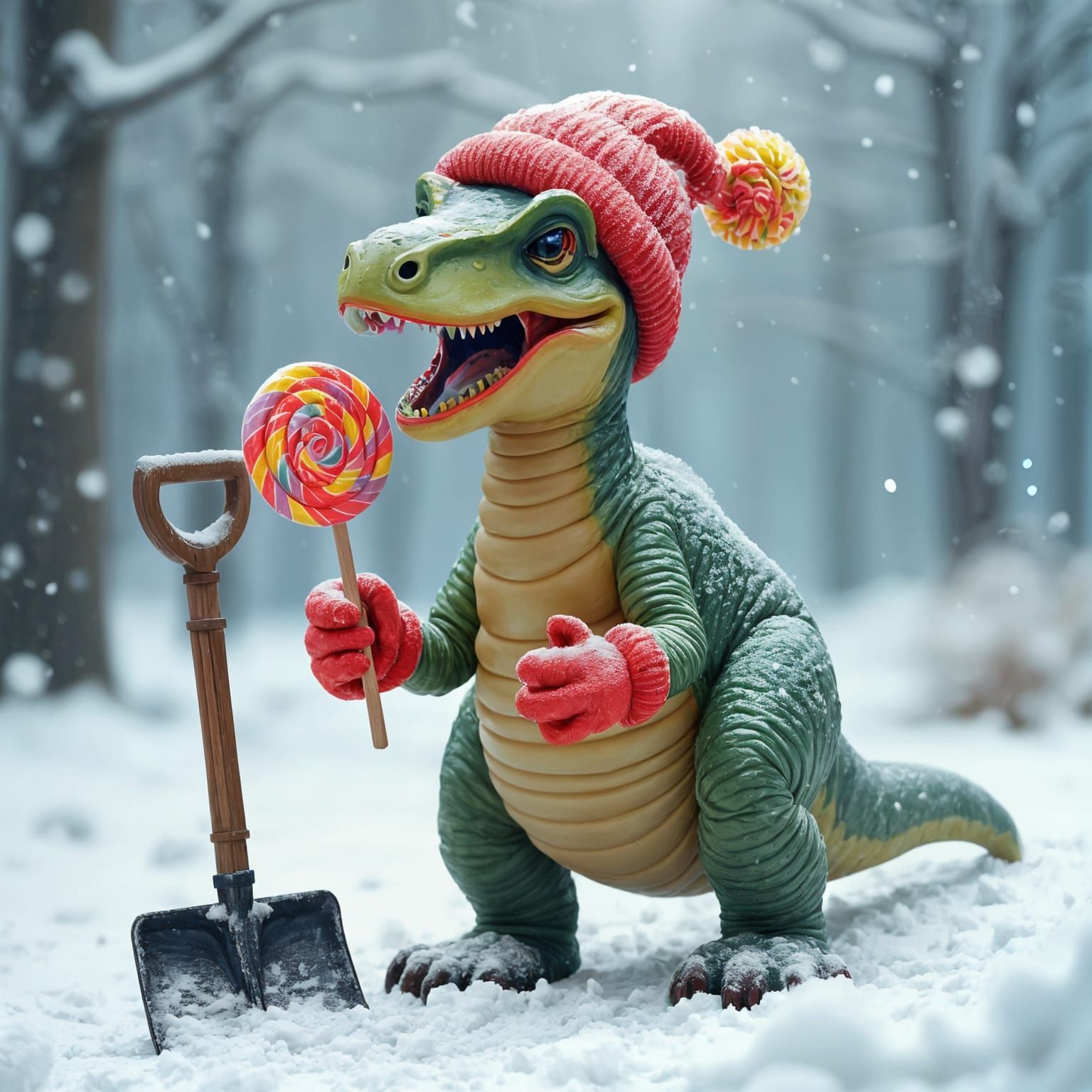 Dinosaur's Winter Treat: Lollipop and Snow Shovel