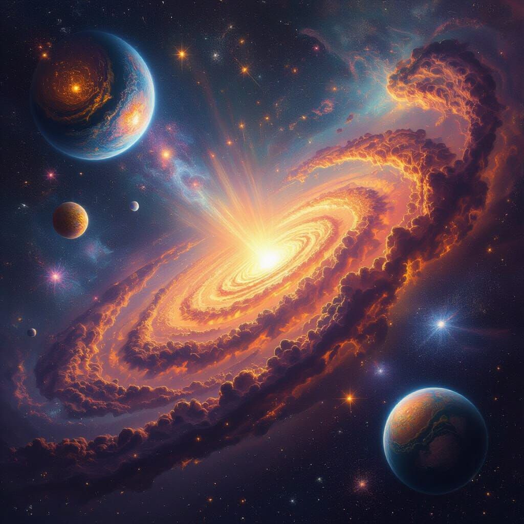 Vibrant Cosmic Landscape with Swirling Galaxies and Planets