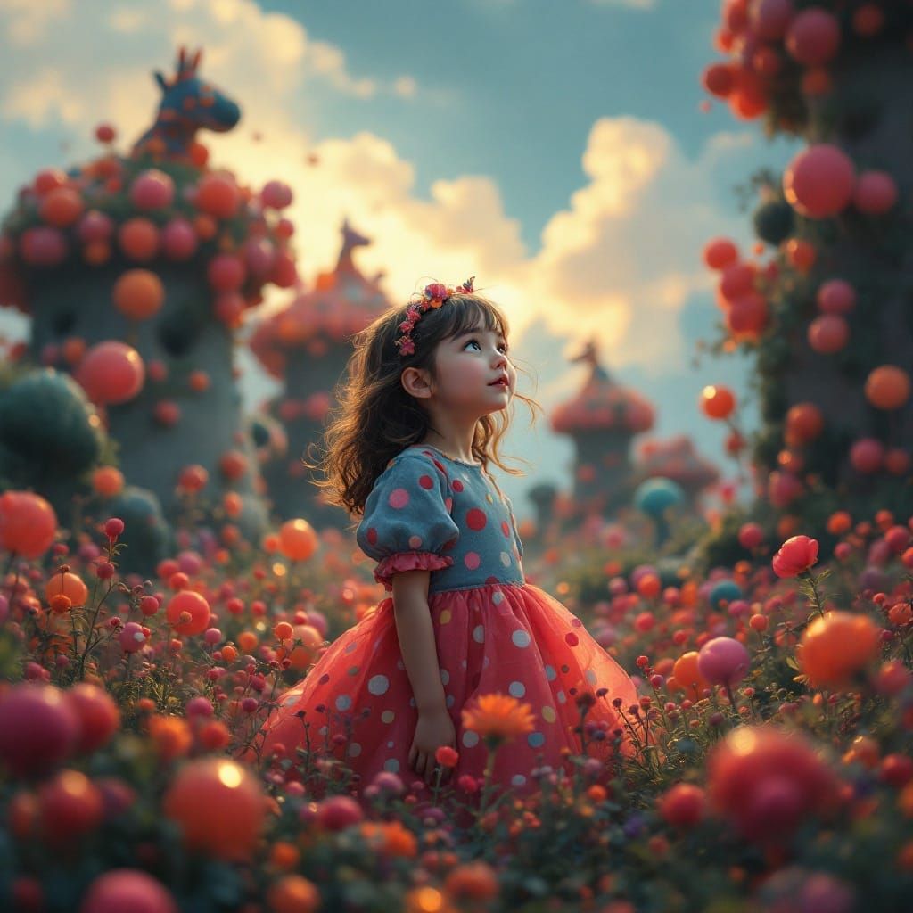 Polka-Dot Girl in Whimsical Landscape, Hyperrealistic Oil Pa...