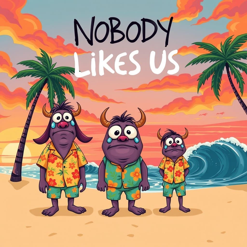 Three Crying Monsters on a Sunny Beach in Whimsical Style