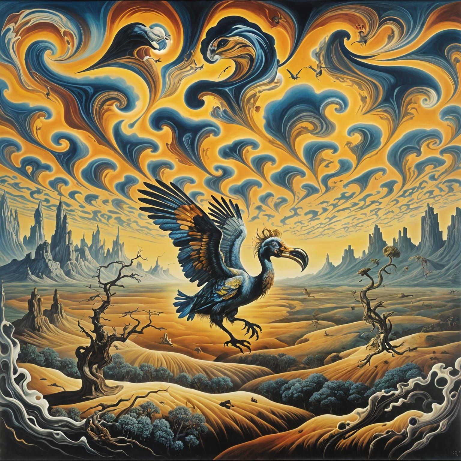 Surreal Dodo Bird Vortex Landscape as Vivid Art
