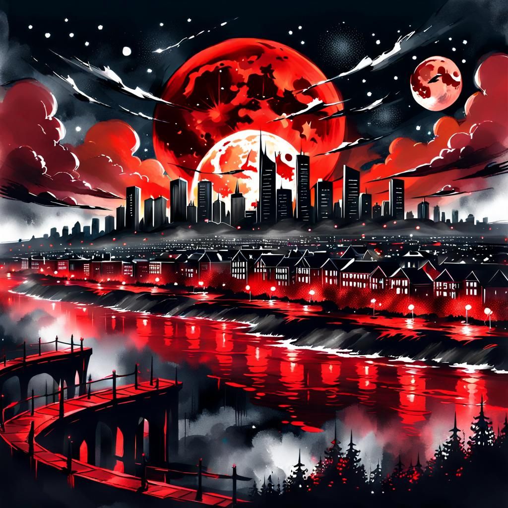 Cityscape Under Blood Moon in Watercolor Style