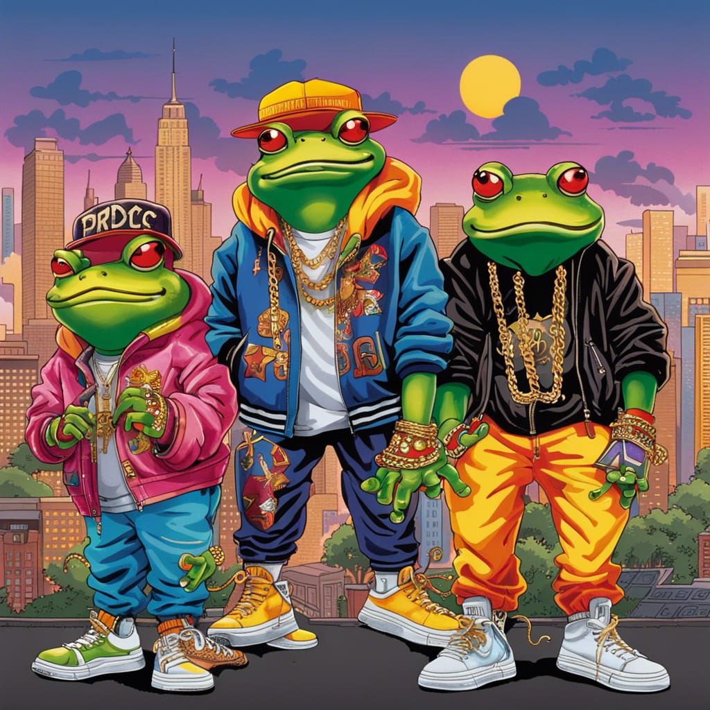 90s Hip Hop Frogs in Surrealist Cityscape