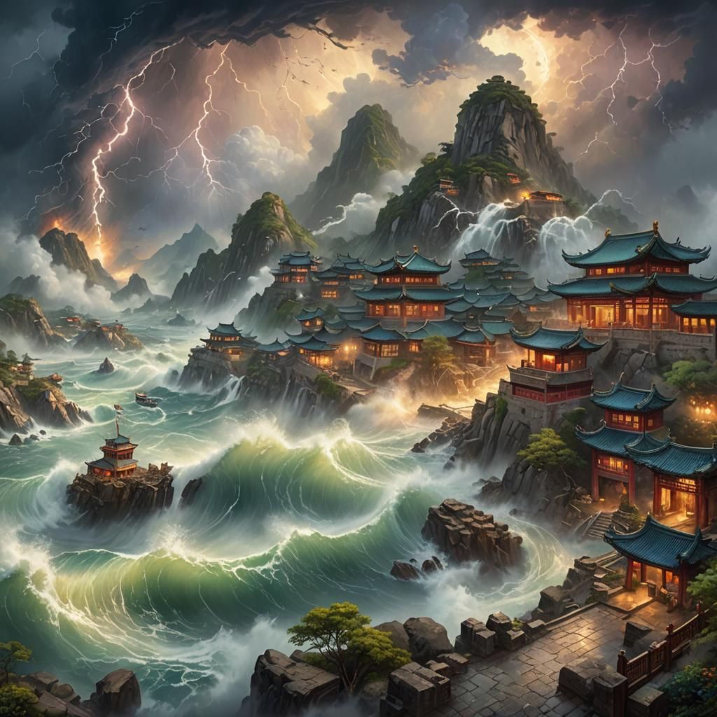 China Port Hit by Tornado and Tsunami, Oil Painting