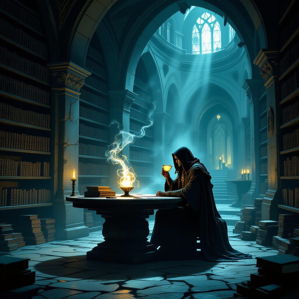 Lone Traveler Sipping From Glowing Chalice in Arcane Library