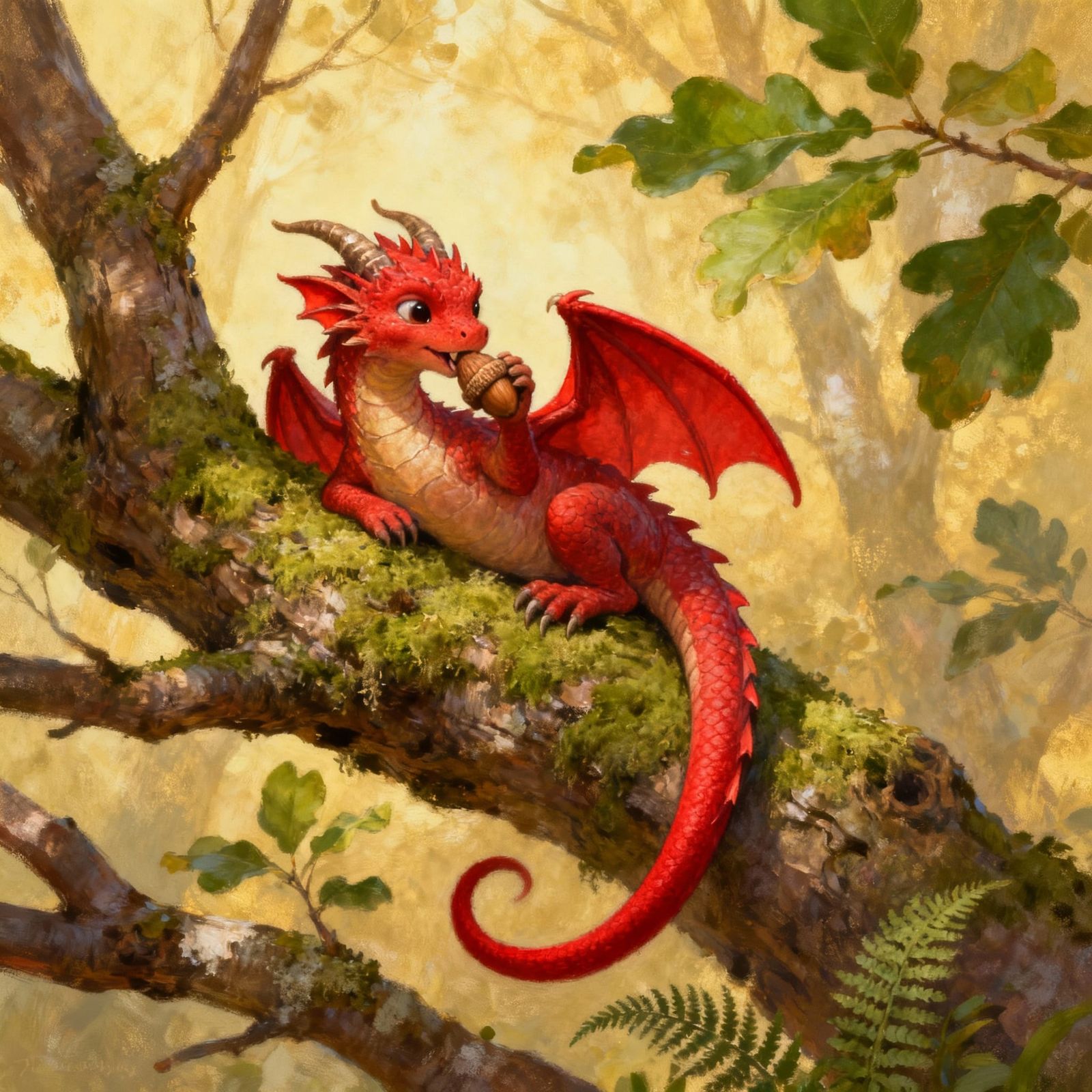Adorable Red Baby Dragon Rests on Mossy Branch Eating Acorn