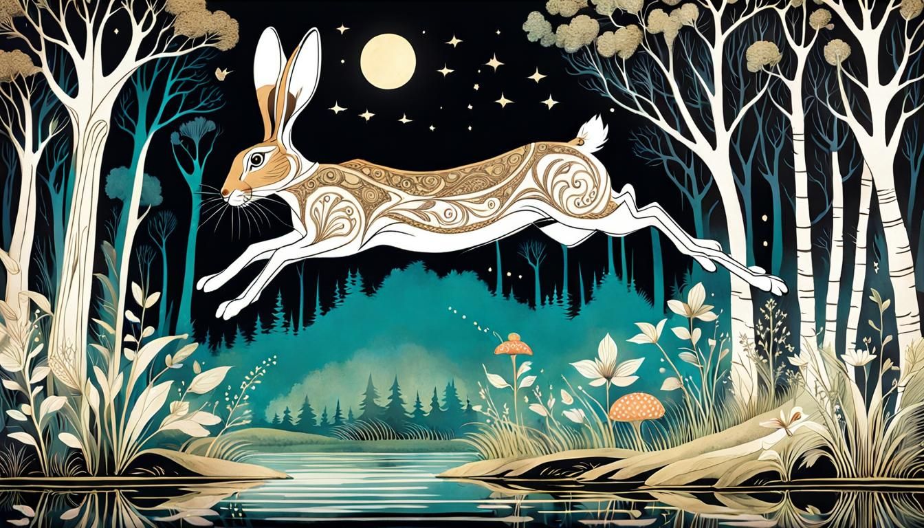 Hare Jumping Over Pond in Dreamlike Forest
