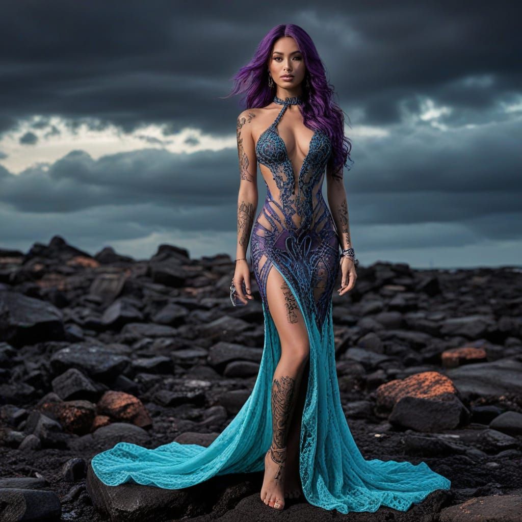 Exotic Japanese Woman in Purple Lace Gown Amid Lava Flow