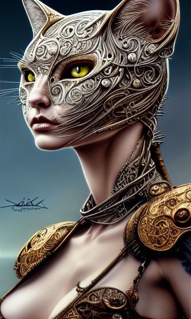 Intricate Human-Cat Hybrid Digital Portrait
