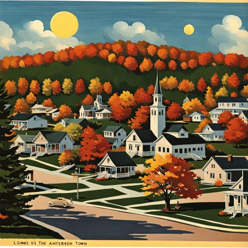 Charming Autumn Town Travel Postcard, Vintage Style