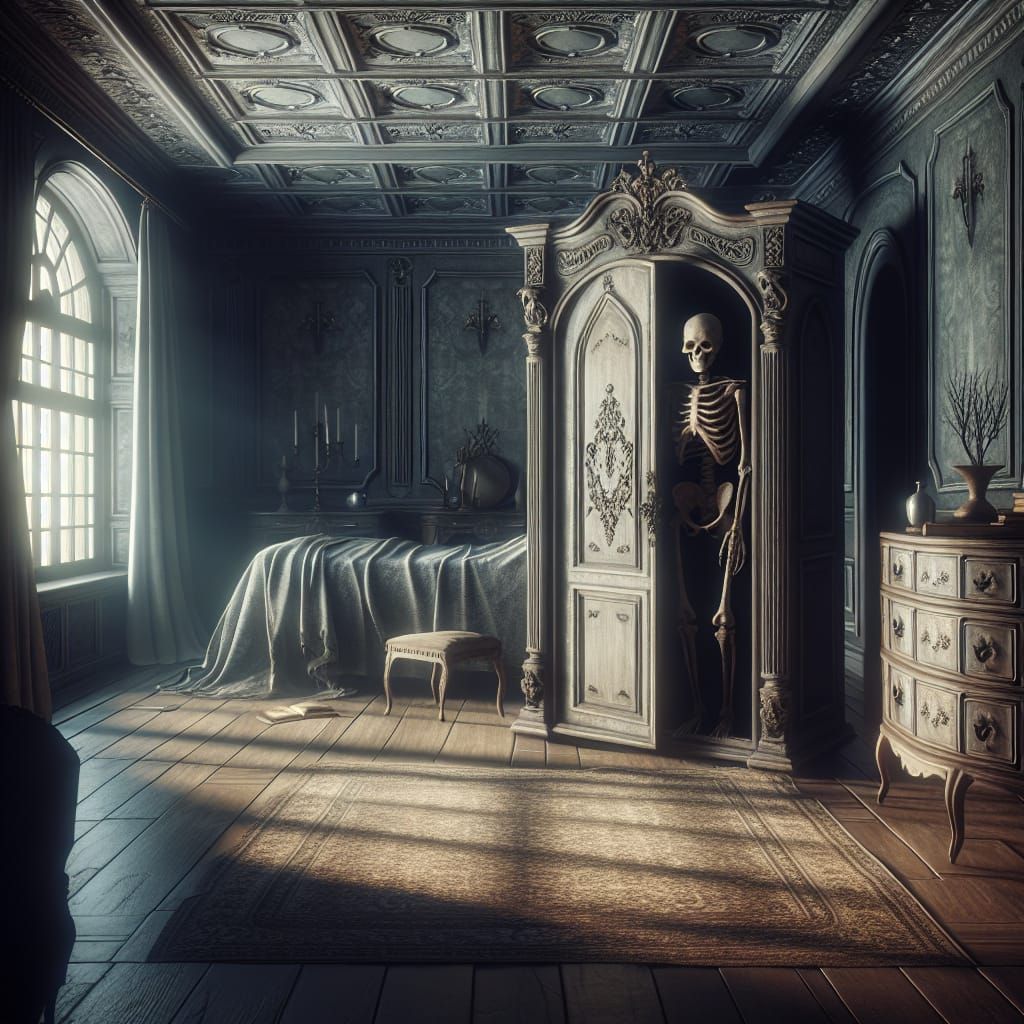 Abandoned Bedroom with Emerging Skeleton in Antique Wardrobe