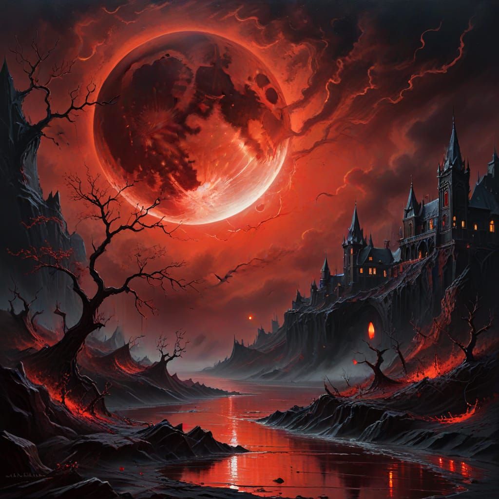Crimson Blood Moon Over Dark Night Landscape