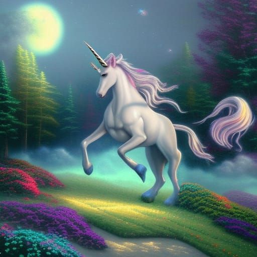 Multicoloured Unicorn in Moonlight: Ethereal Fantasy Art