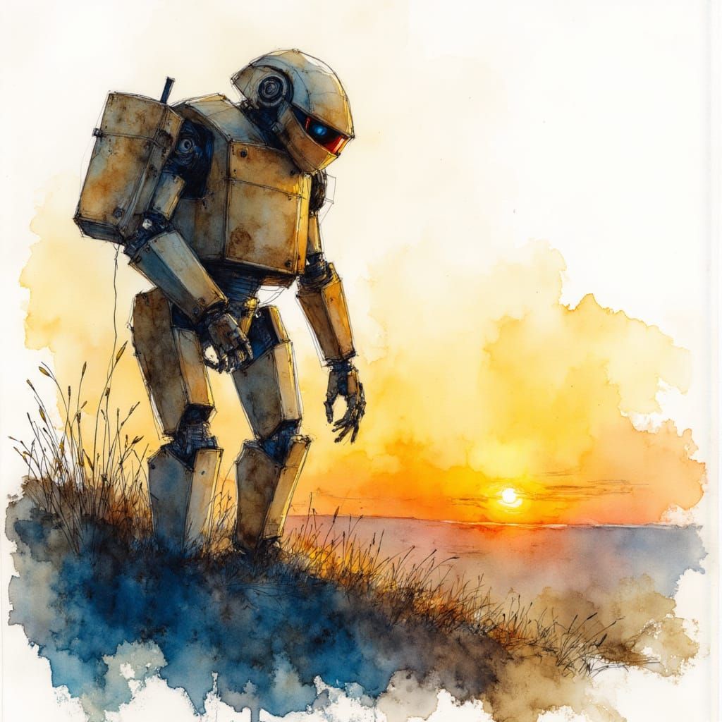 Weathered Robot at Sunrise in Expressive Watercolour Style