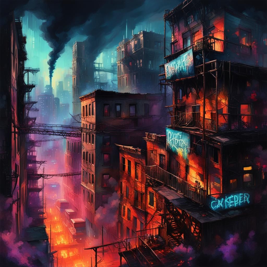 Cyberpunk Dystopia: City in Ruins Oil Painting