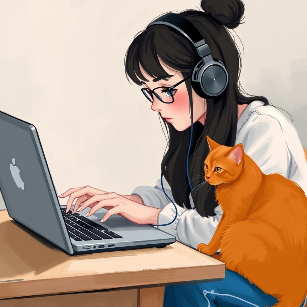 Girl Coding with Cat in Impressionist Style