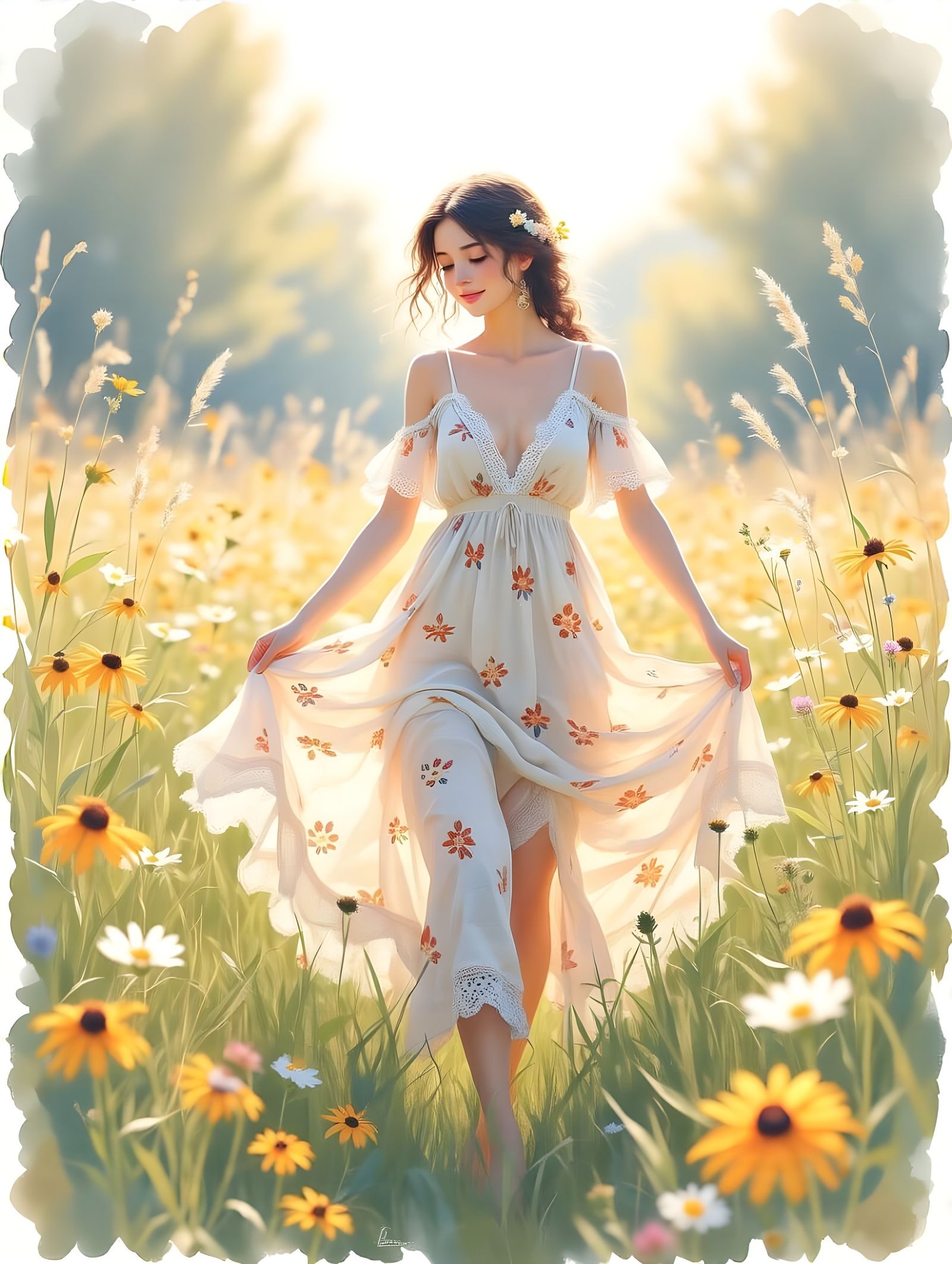 Dreamy Watercolor Scene of a Free-Spirited Woman in a Meadow