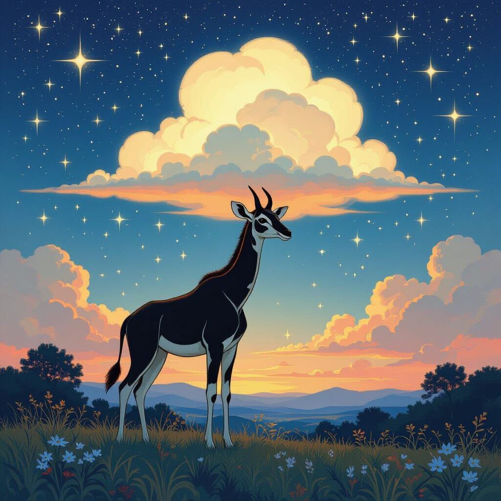 Okapi Gazes at Starry Night Sky in Art Nouveau Style