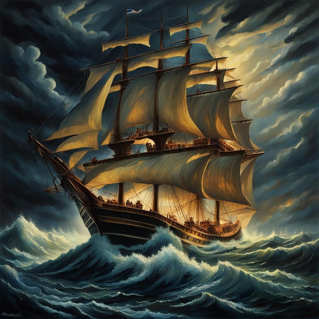 Majestic Ship Battles Stormy Sea in Romantic Realism